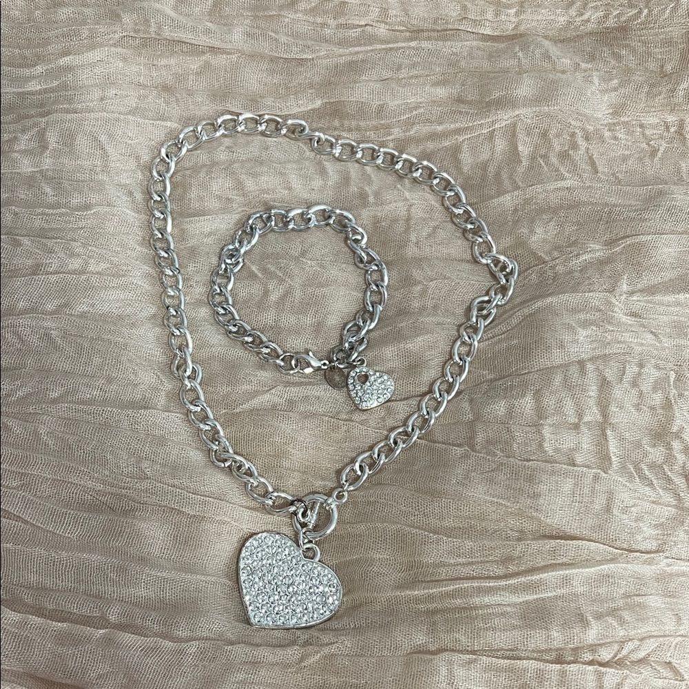 Sparkling Silver Heart Necklace and Bracelet Set